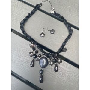 Vintage Braided Bib Necklace Earrings Set Grey Floral Charm Chunky Boho
